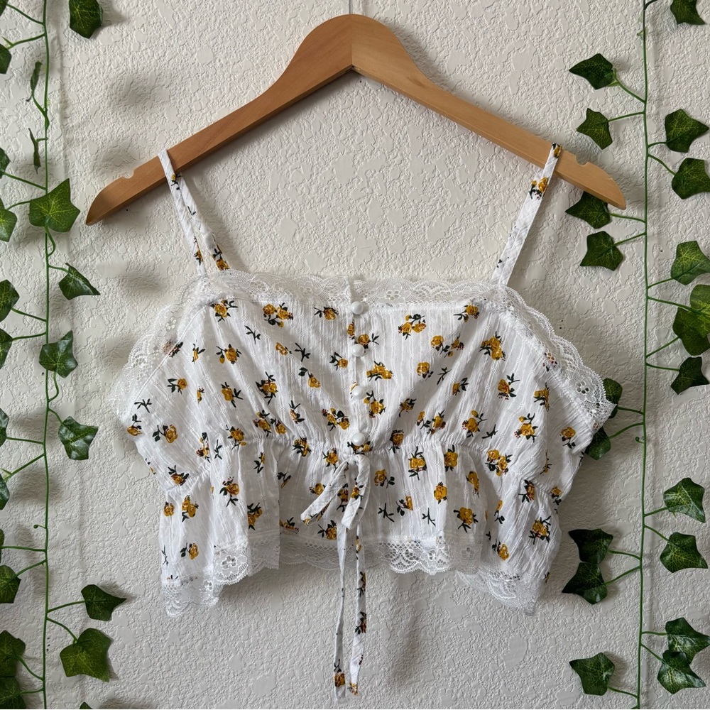 Women’s White Floral Lace Cropped Tank Top Ditsy Yellow Flowers Shein Size L